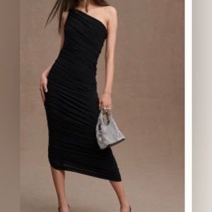 Norma Kamali black dress, one shoulder, ruched, size L